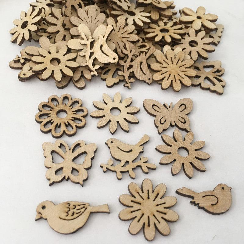 50pcs Wooden Cutouts Bird Butterfly Flower Slices Embellishments DIY Craft Mixed