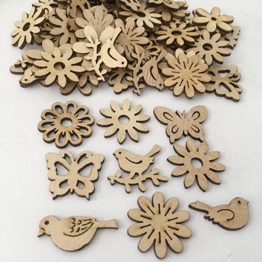 50pcs Wooden Cutouts Bird Butterfly Flower Slices Embellishments DIY Craft Mixed