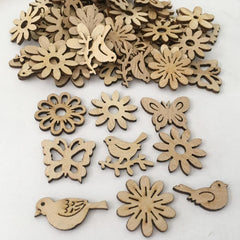 50pcs Wooden Cutouts Bird Butterfly Flower Slices Embellishments DIY Craft Mixed