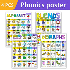 4Pcs Phonics Posters Classroom Decor Education School Supplies A4