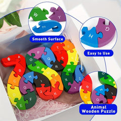 Wooden Snake Letters Numbers Block Toy Animal Puzzle