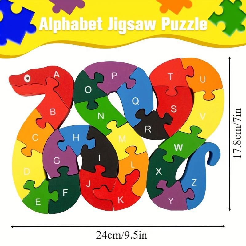 Wooden Snake Letters Numbers Block Toy Animal Puzzle