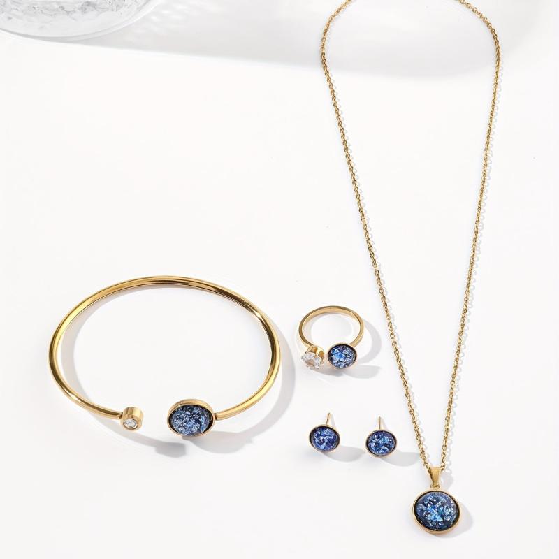 Stainless Steel Jewelry Set Pendant Necklace Earrings Bangle Ring Gift