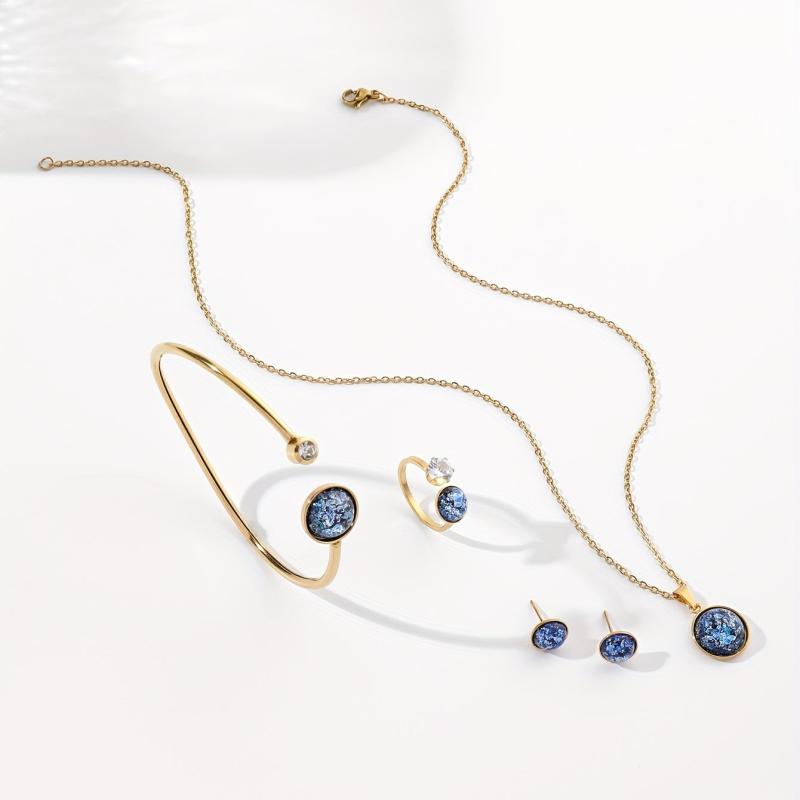 Stainless Steel Jewelry Set Pendant Necklace Earrings Bangle Ring Gift