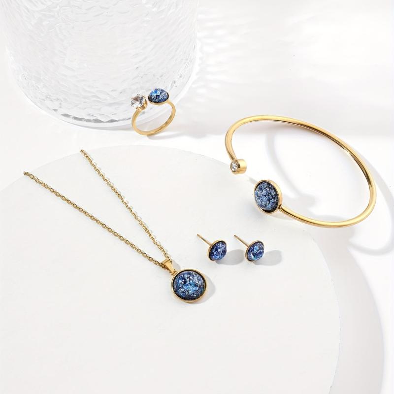 Stainless Steel Jewelry Set Pendant Necklace Earrings Bangle Ring Gift