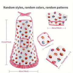 Kids Cooking Apron Gloves Hat Set Pink Chef Costume Role Play House Toys