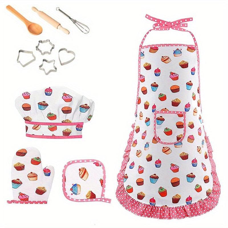 Kids Cooking Apron Gloves Hat Set Pink Chef Costume Role Play House Toys