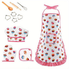 Kids Cooking Apron Gloves Hat Set Pink Chef Costume Role Play House Toys