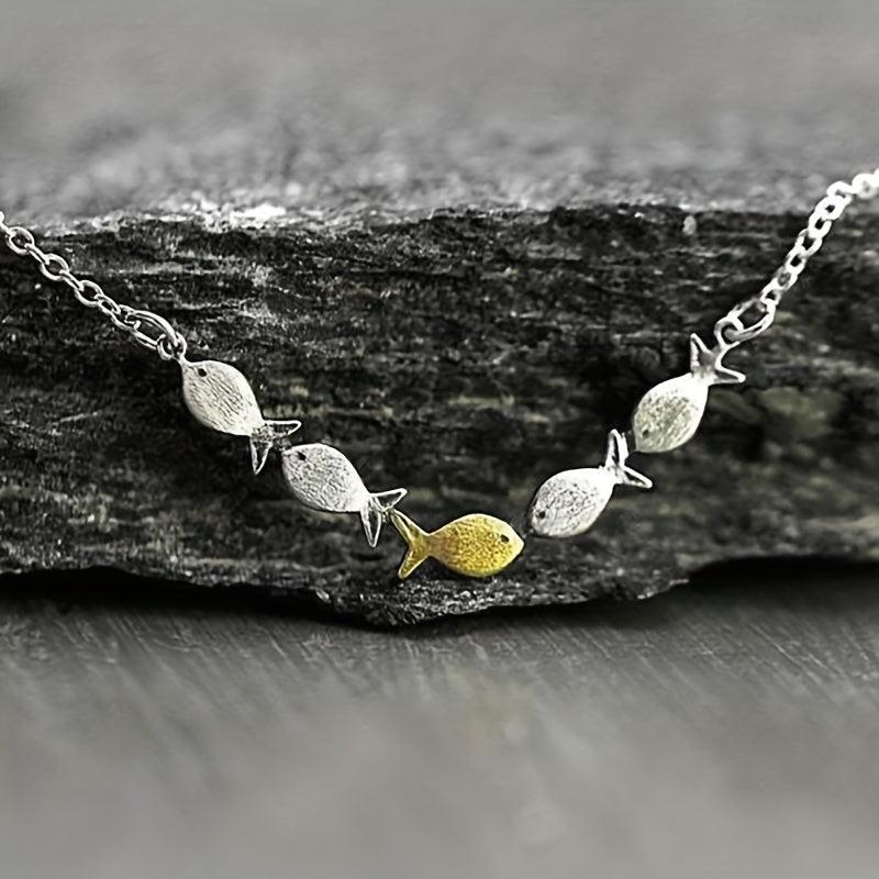 Creative Fish Pendant Necklace Ring, Retro Style Brushed Chain Jewelry Gift