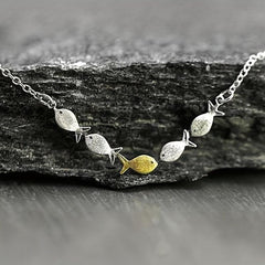 Creative Fish Pendant Necklace Ring, Retro Style Brushed Chain Jewelry Gift