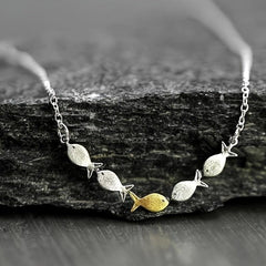 Creative Fish Pendant Necklace Ring, Retro Style Brushed Chain Jewelry Gift