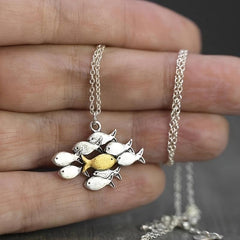 Creative Fish Pendant Necklace Ring, Retro Style Brushed Chain Jewelry Gift