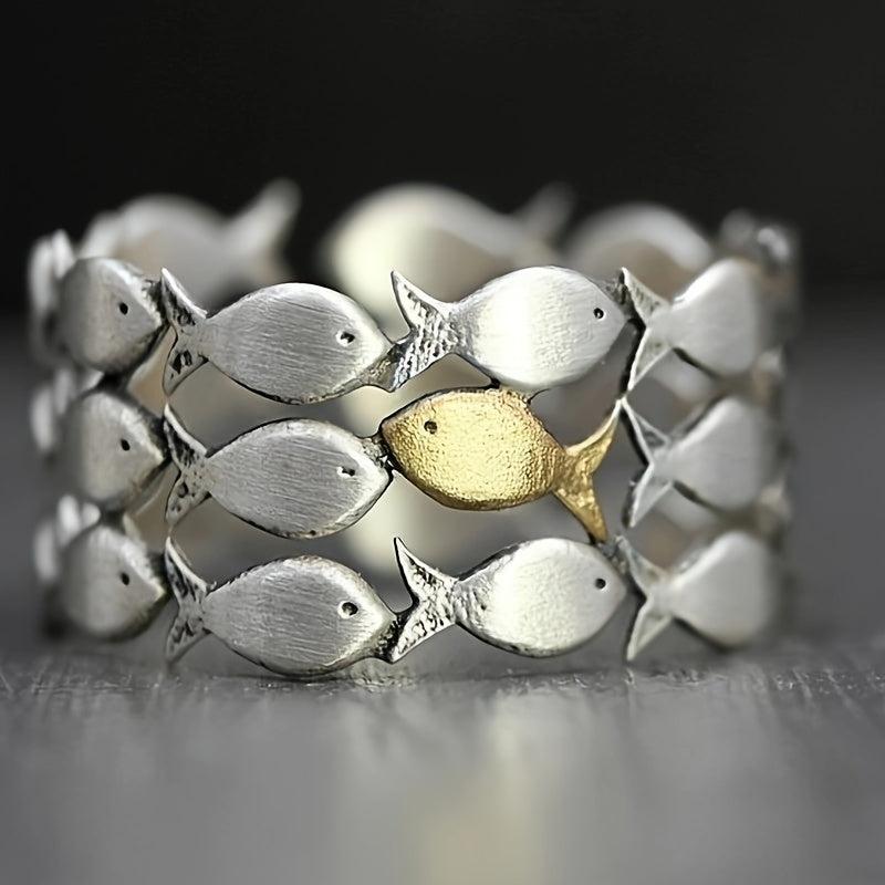 Creative Fish Pendant Necklace Ring, Retro Style Brushed Chain Jewelry Gift