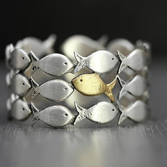 Creative Fish Pendant Necklace Ring, Retro Style Brushed Chain Jewelry Gift