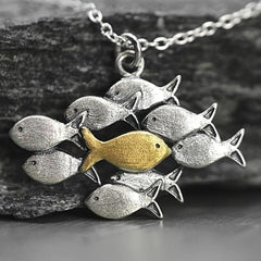 Creative Fish Pendant Necklace Ring, Retro Style Brushed Chain Jewelry Gift