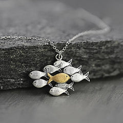 Creative Fish Pendant Necklace Ring, Retro Style Brushed Chain Jewelry Gift