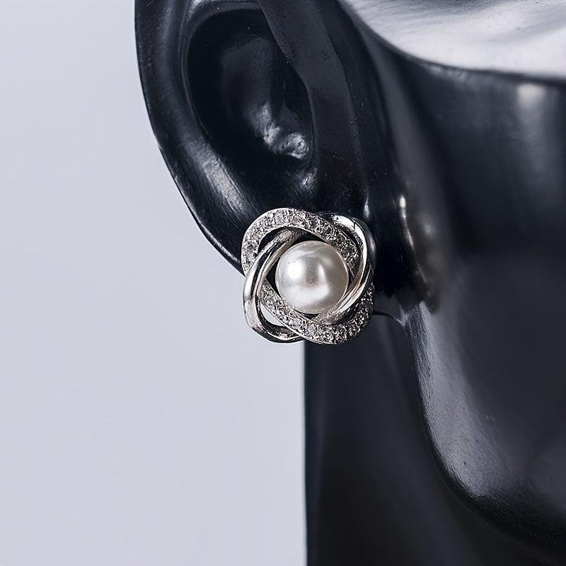Zircon Stud Earrings Faux Pearl Inlay 1Pair