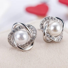 Zircon Stud Earrings Faux Pearl Inlay 1Pair