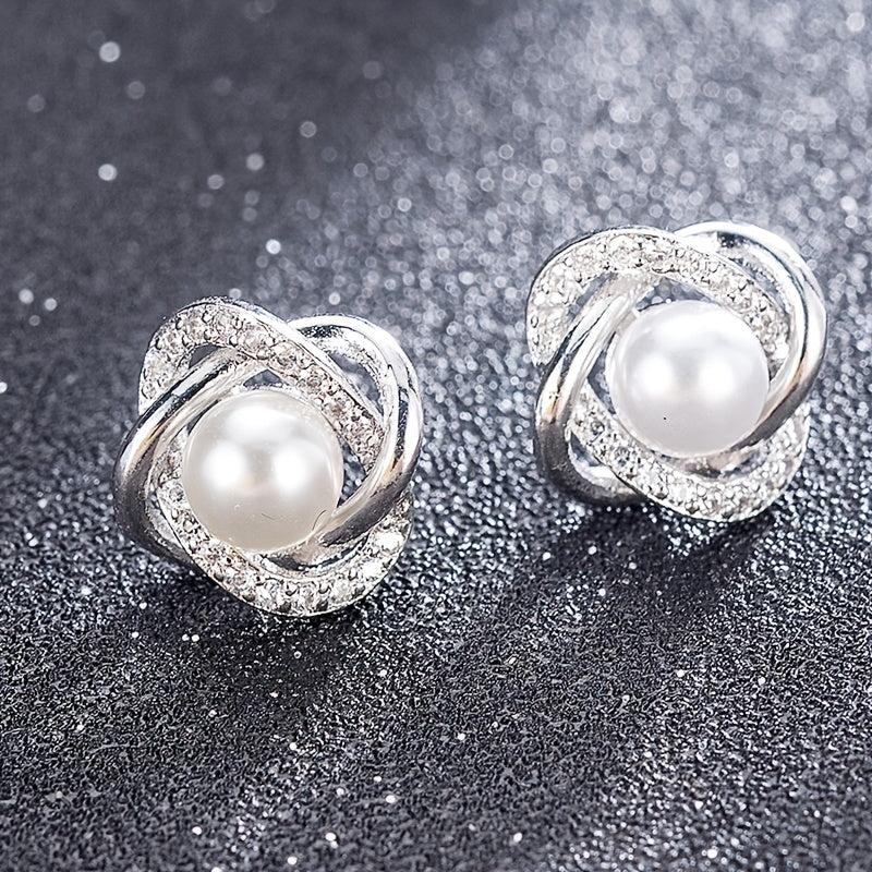 Zircon Stud Earrings Faux Pearl Inlay 1Pair