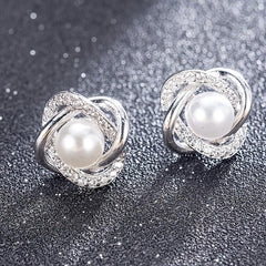 Zircon Stud Earrings Faux Pearl Inlay 1Pair