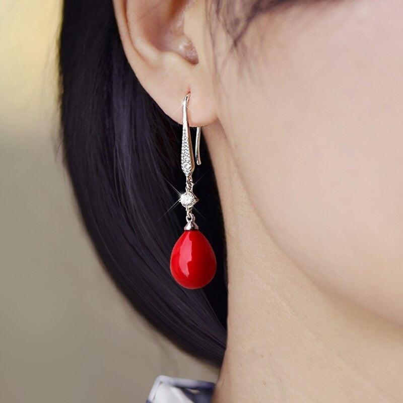 Red Faux Pearl Pendant Earrings Long Earrings Vintage Party Jewelry
