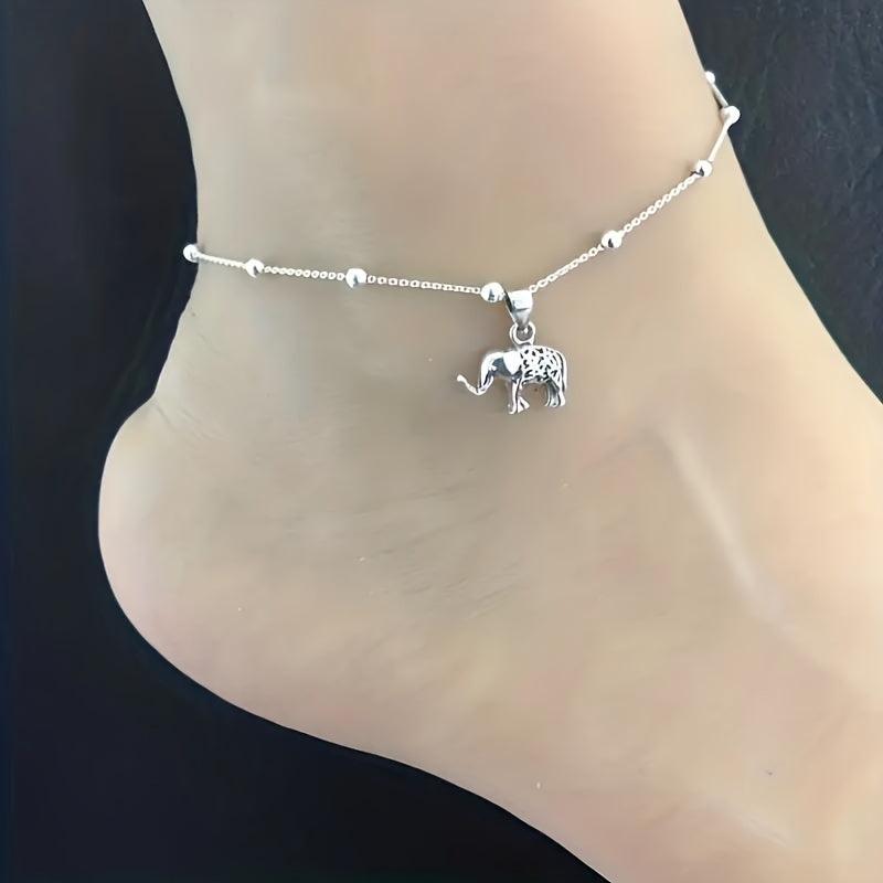 Vintage Silvery Beaded Turtle And Elephant Pendant Feet Chain