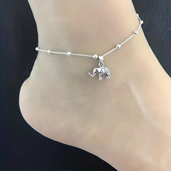 Vintage Silvery Beaded Turtle And Elephant Pendant Feet Chain