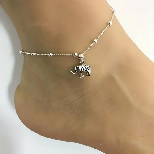 Vintage Silvery Beaded Turtle And Elephant Pendant Feet Chain
