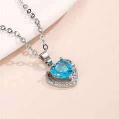 Copper Inlaid Sea Zircon Eternal Heart Women's Necklace Love Shape Pendant