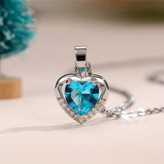 Copper Inlaid Sea Zircon Eternal Heart Women's Necklace Love Shape Pendant