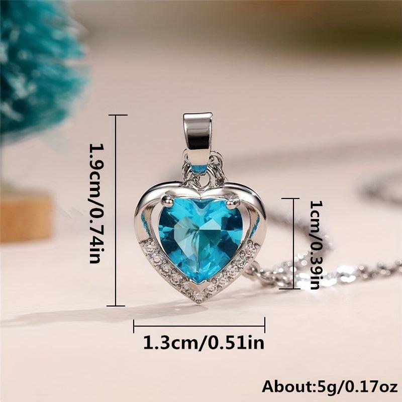 Copper Inlaid Sea Zircon Eternal Heart Women's Necklace Love Shape Pendant
