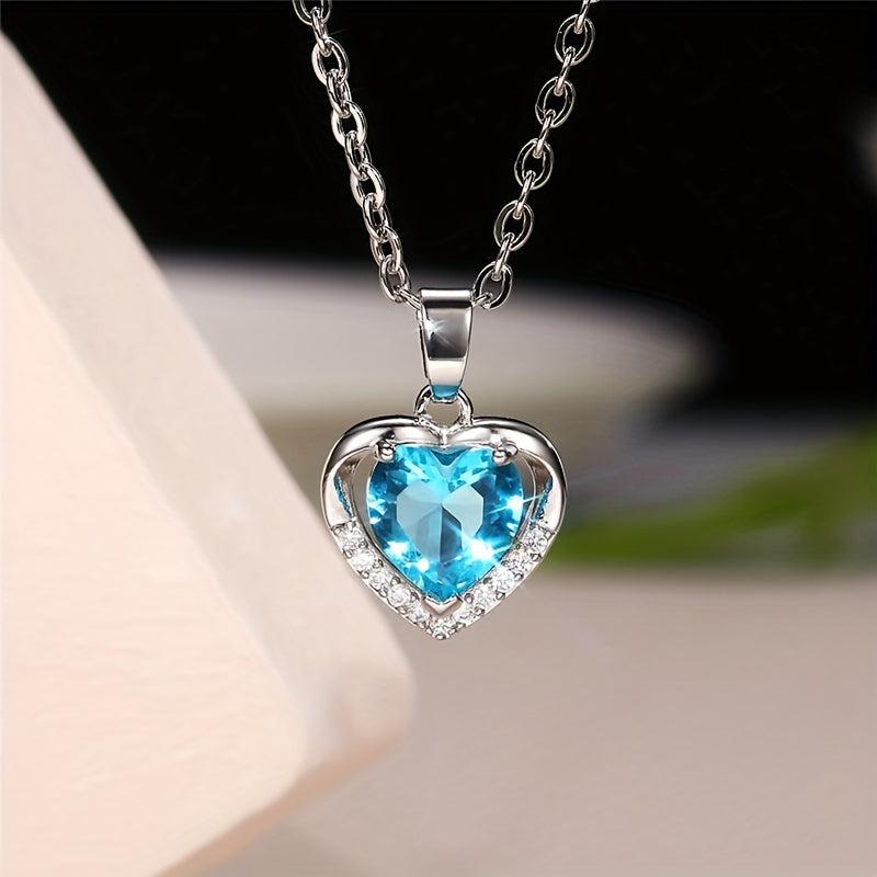 Copper Inlaid Sea Zircon Eternal Heart Women's Necklace Love Shape Pendant