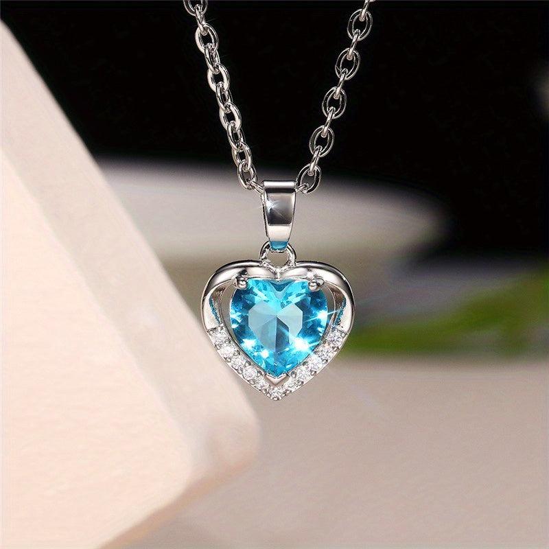 Copper Inlaid Sea Zircon Eternal Heart Women's Necklace Love Shape Pendant