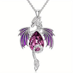 Flying Dragon Purple Zircon Pendant Necklace Fantasy Animal Jewelry