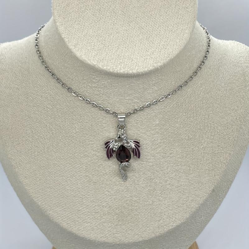 Flying Dragon Purple Zircon Pendant Necklace Fantasy Animal Jewelry
