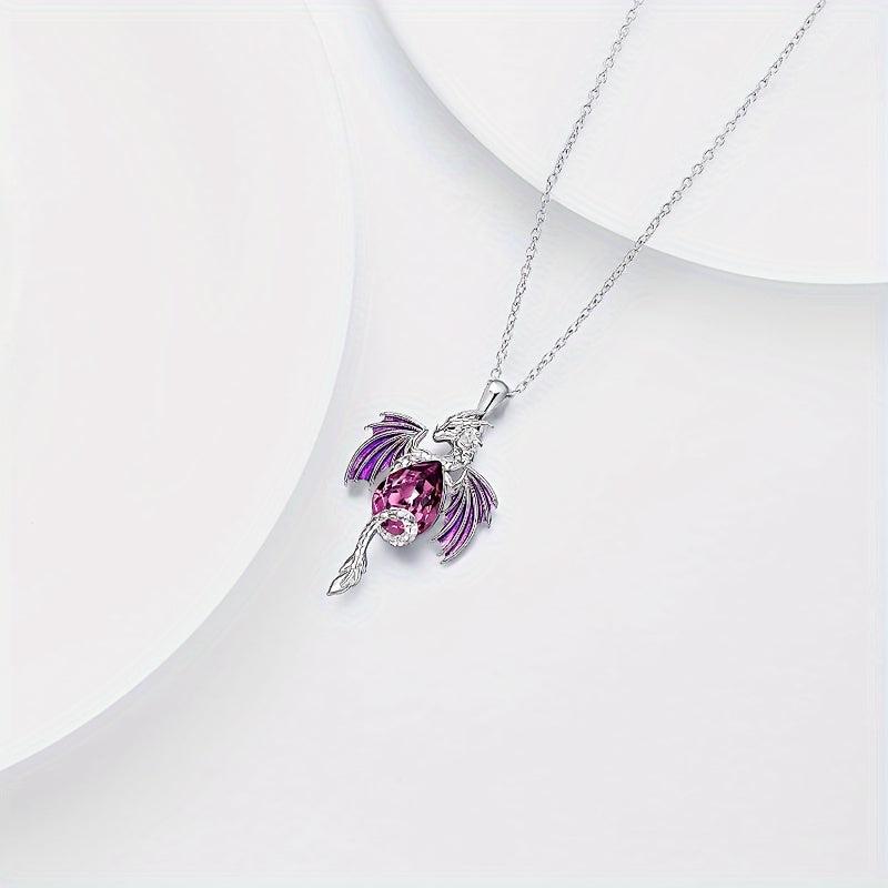 Flying Dragon Purple Zircon Pendant Necklace Fantasy Animal Jewelry