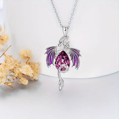 Flying Dragon Purple Zircon Pendant Necklace Fantasy Animal Jewelry