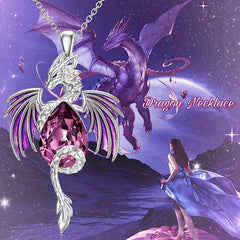 Flying Dragon Purple Zircon Pendant Necklace Fantasy Animal Jewelry