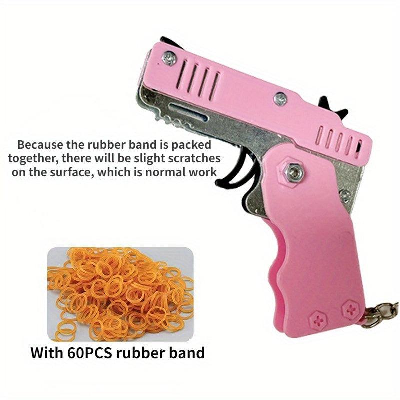 Metal Burst Rubber Band Toy Mini Folding Launcher Keychain & Bands