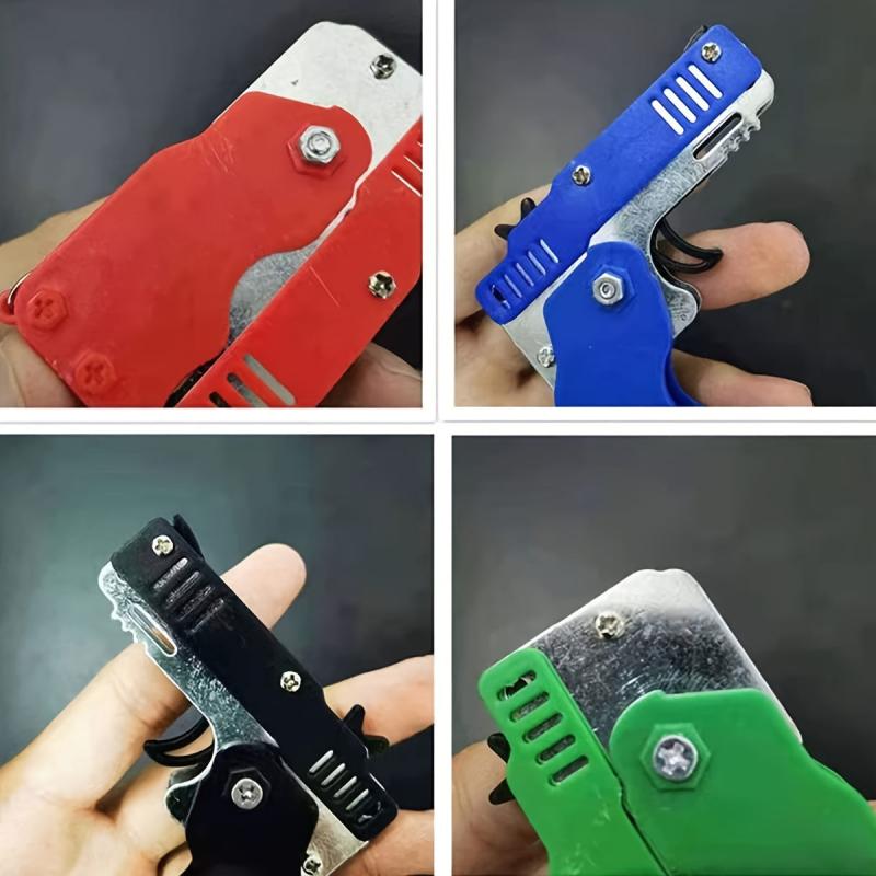 Metal Burst Rubber Band Toy Mini Folding Launcher Keychain & Bands