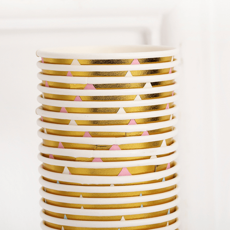 10pcs Stamping Golden Disposable Cups And Pink Striped Golden Lace Paper Cups