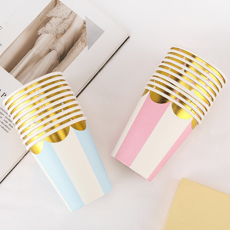 10pcs Stamping Golden Disposable Cups And Pink Striped Golden Lace Paper Cups