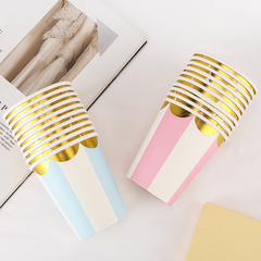 10pcs Stamping Golden Disposable Cups And Pink Striped Golden Lace Paper Cups