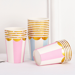 10pcs Stamping Golden Disposable Cups And Pink Striped Golden Lace Paper Cups