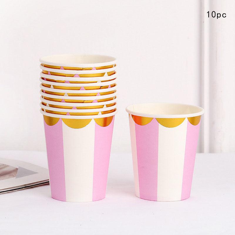 10pcs Stamping Golden Disposable Cups And Pink Striped Golden Lace Paper Cups