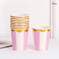 10pcs Stamping Golden Disposable Cups And Pink Striped Golden Lace Paper Cups