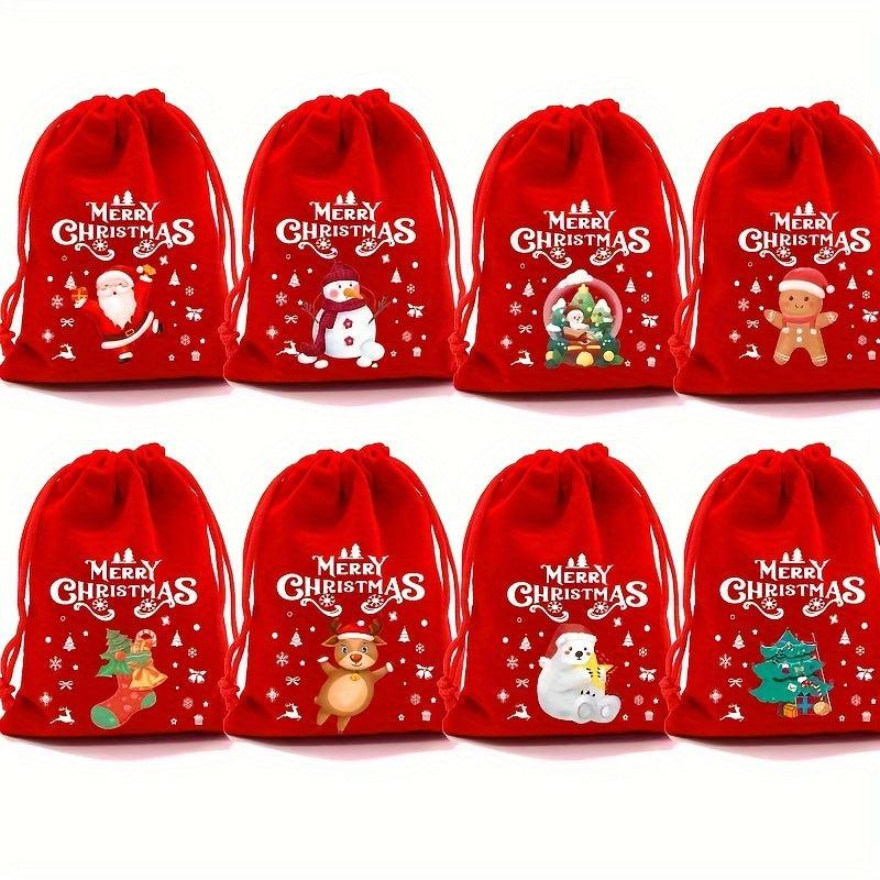 Christmas Gift Bags 2pcs Flannel Small Bags Drawstring Red Random Pattern