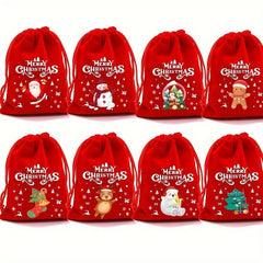 Christmas Gift Bags 2pcs Flannel Small Bags Drawstring Red Random Pattern