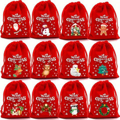 Christmas Gift Bags 2pcs Flannel Small Bags Drawstring Red Random Pattern