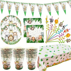 Lion 10 Person Party Set with Flag, Plate, Cup, Straw, Tablecloth